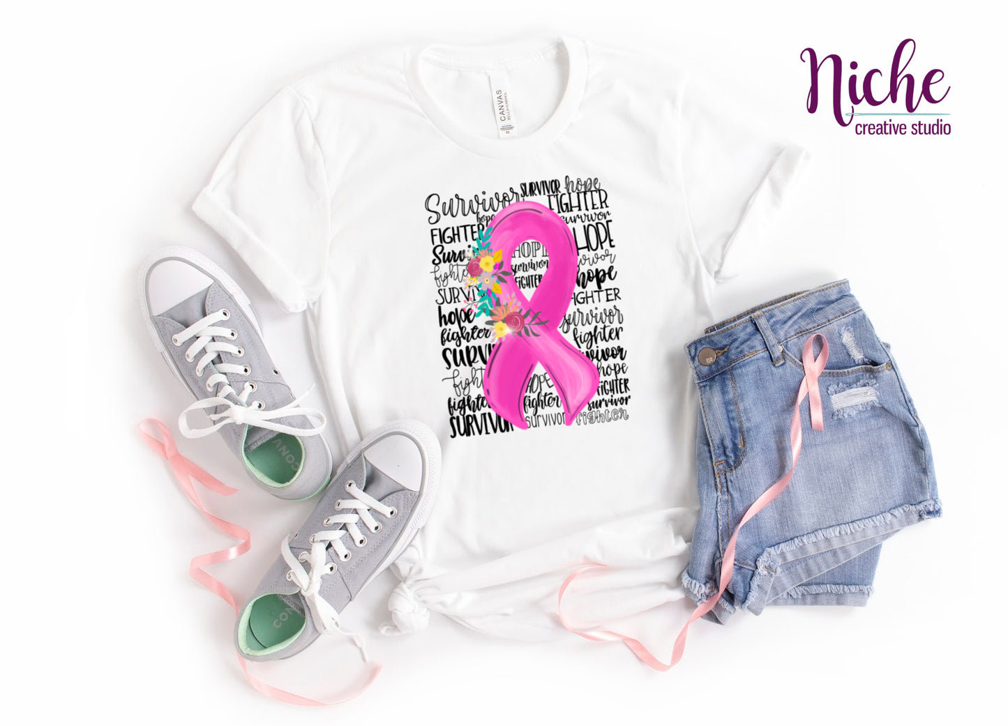 -CAU854 Pink Ribbon Wordy Decal