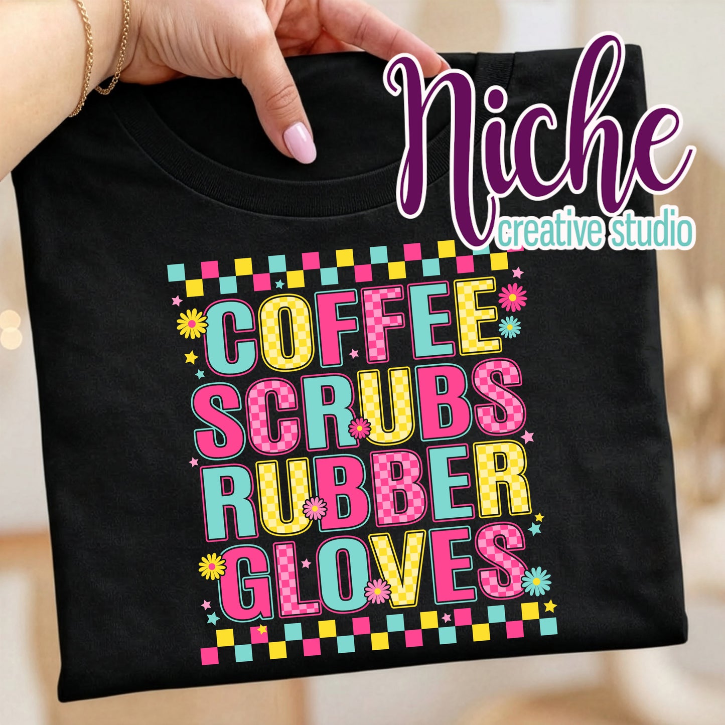 -MED8564 Coffee, Scrubs, and Rubber Gloves Decal