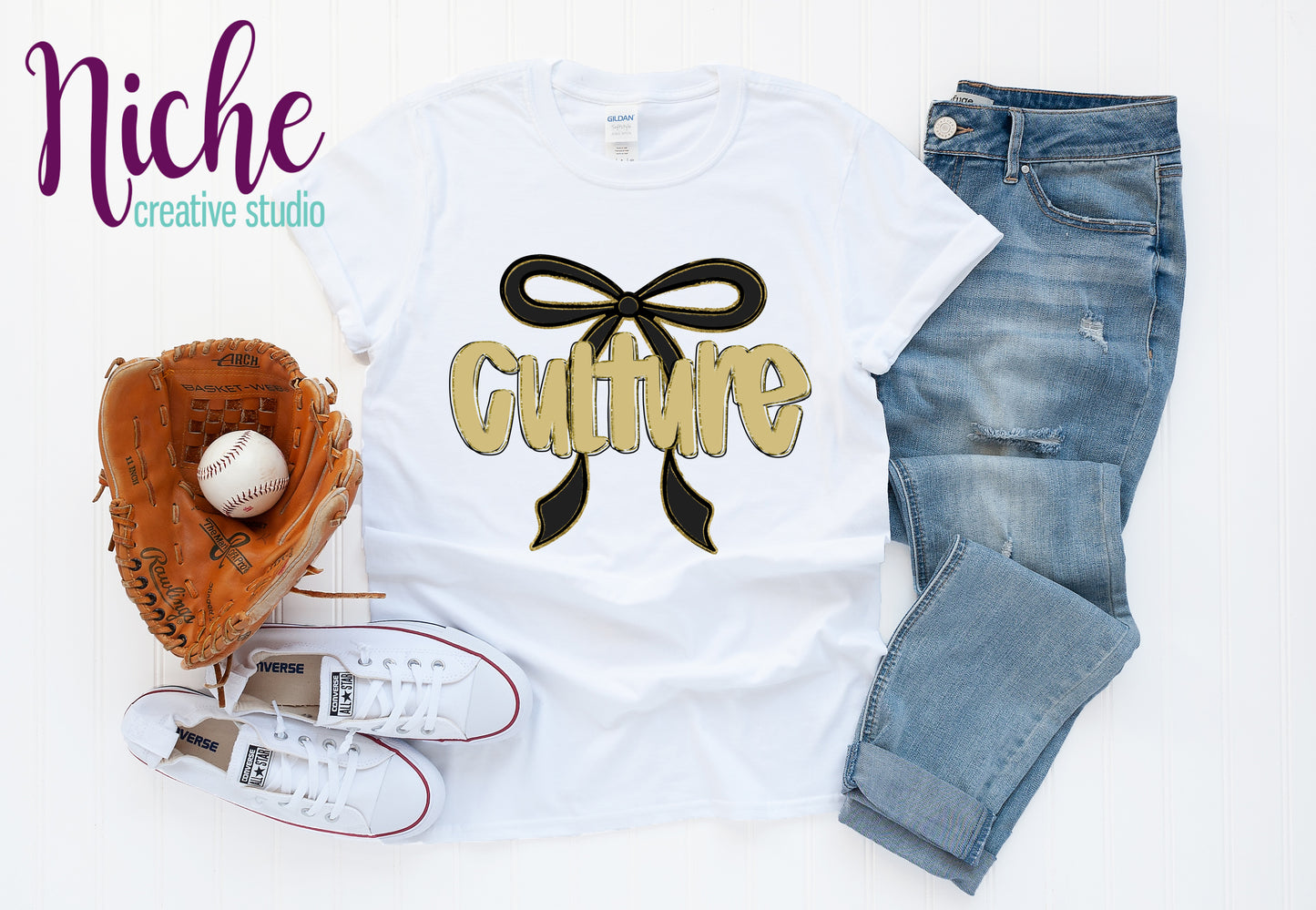 -SPO8298 Preppy Bow Gold Culture Baseball Decal