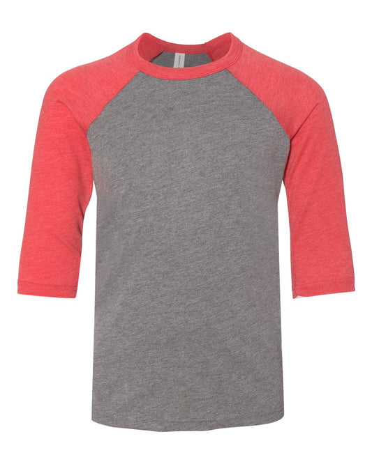 Youth 3/4 Sleeve Raglan: Heather Grey/Red Triblend (Bella)