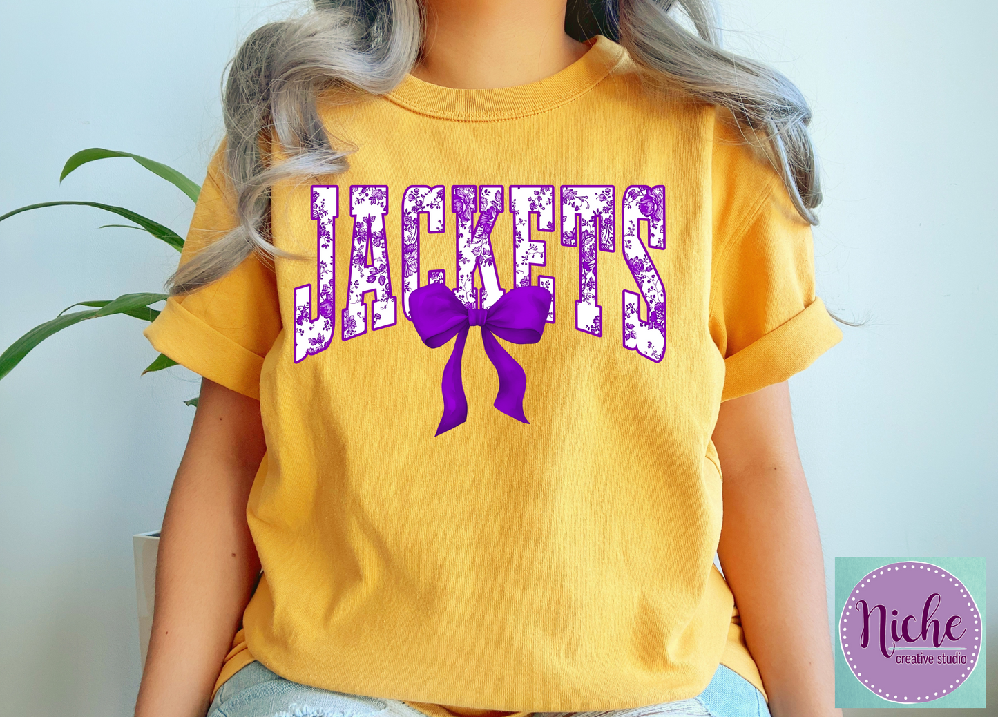 -IOW8295 Jackets Varsity Floral Purple Bow Decal