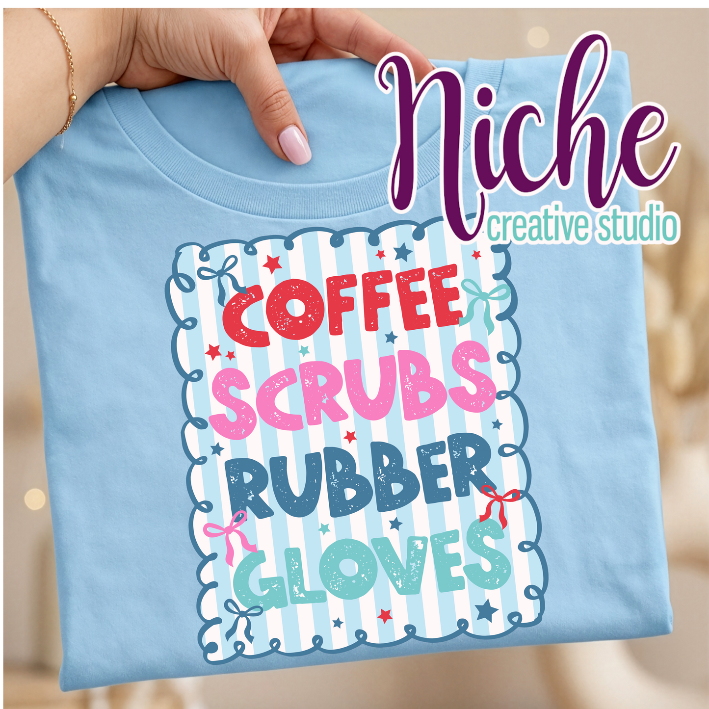-MED8564 Coffee, Scrubs, and Rubber Gloves Decal