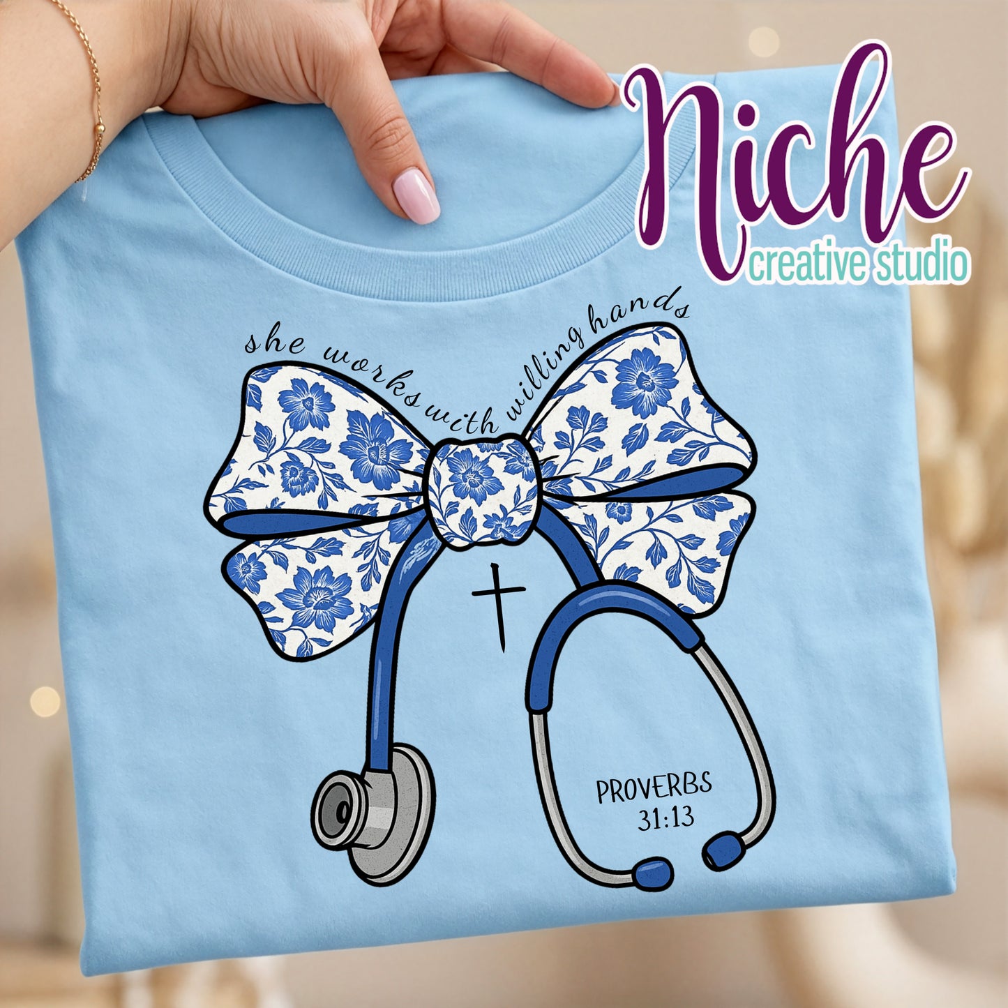 -MED8573 She Works with Willing Hands Decal