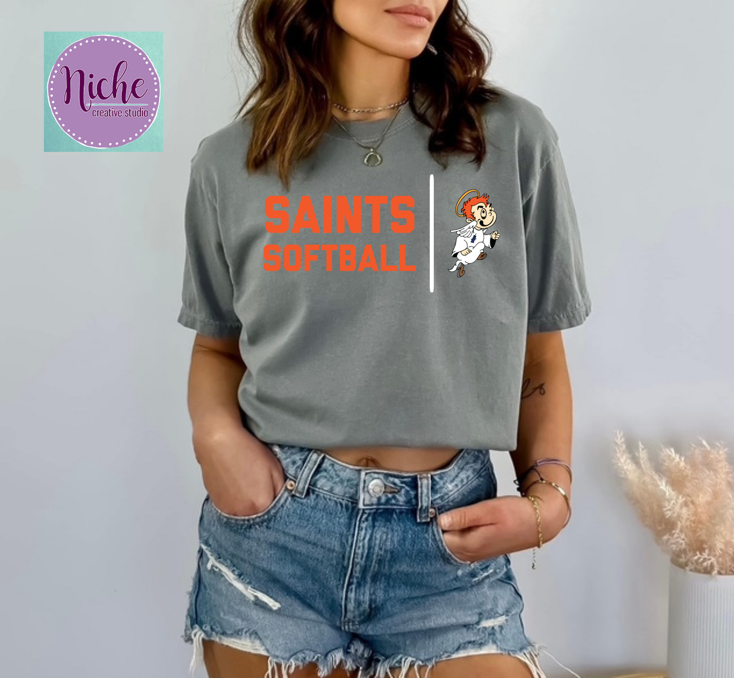 -STL1551 Saint Softball with Angel Boy Decal